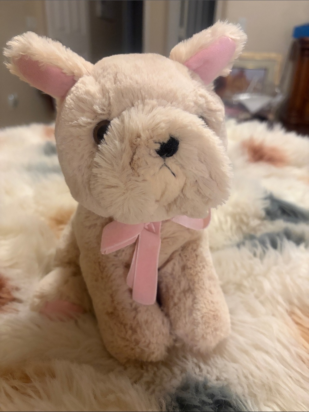 Plush Cream Small Pet Toy with Pink Ribbon